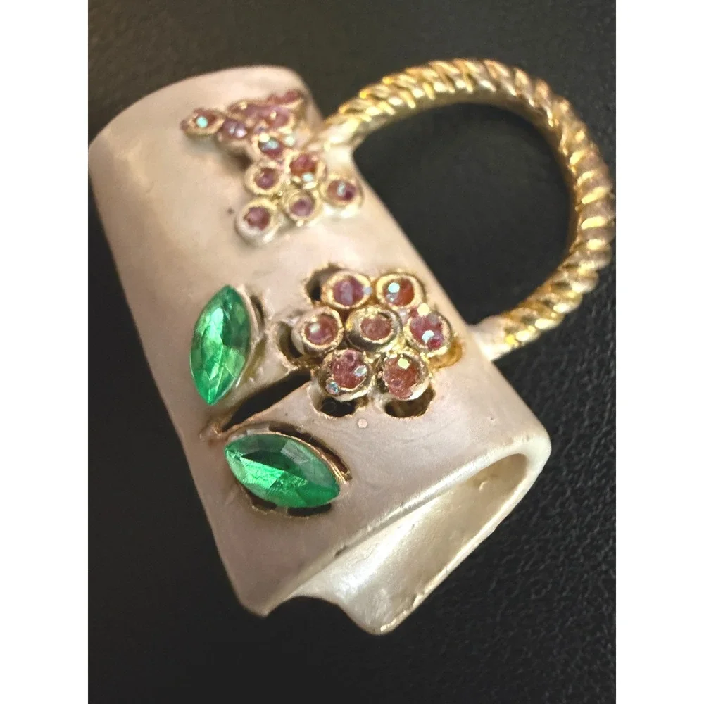 Rhinestone Handbag Brooch Enamel Gold Tone Foral